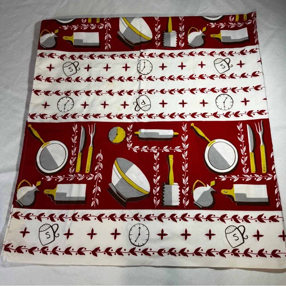 MCM 1950s 48x48 Calaprint Tablecloth Kitchen Gadget Motif Red, White, &Yellow